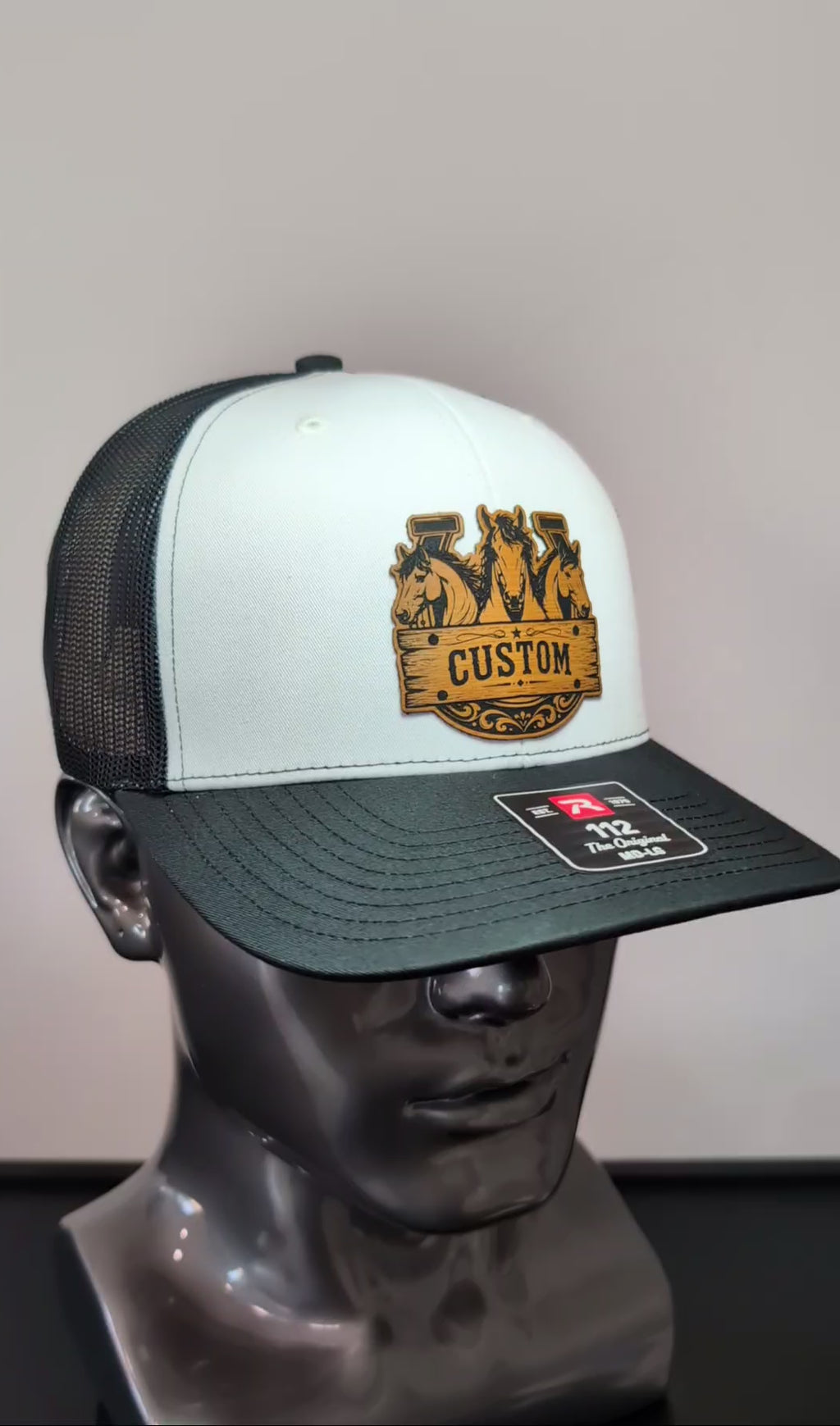 Custom Horse Leather Patch Richardson 112 Trucker Hat | Personalized Western Cowboy Hat
