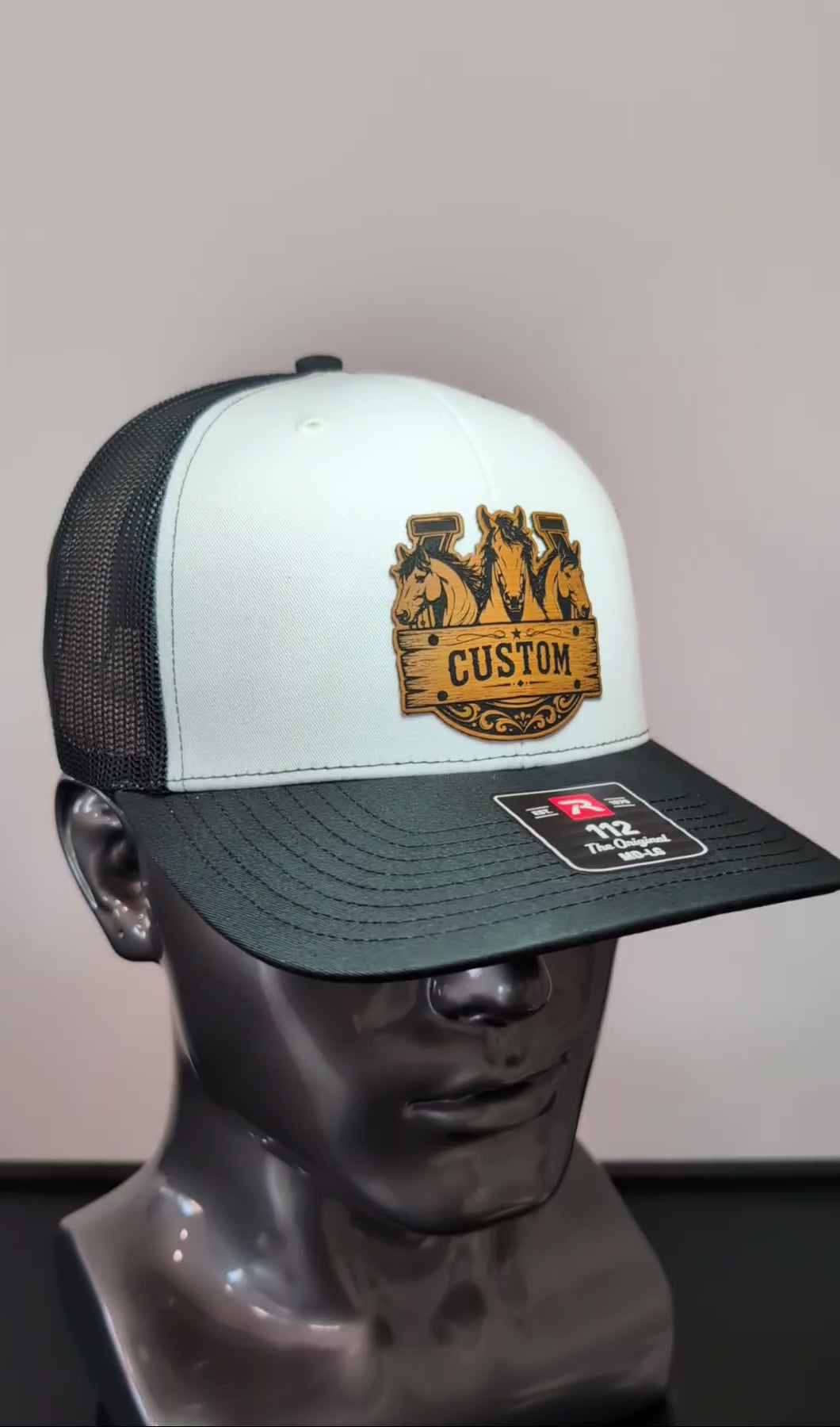 Custom Horse Leather Patch Richardson 112 Trucker Hat | Personalized Western Cowboy Hat