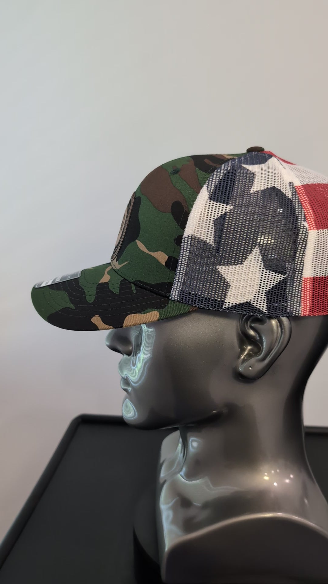 USMC Marine Corps Leather Patch Richardson 112 Hat  Woodland Camo Trucker Hat with American Flag Mesh  Veteran Style Cap