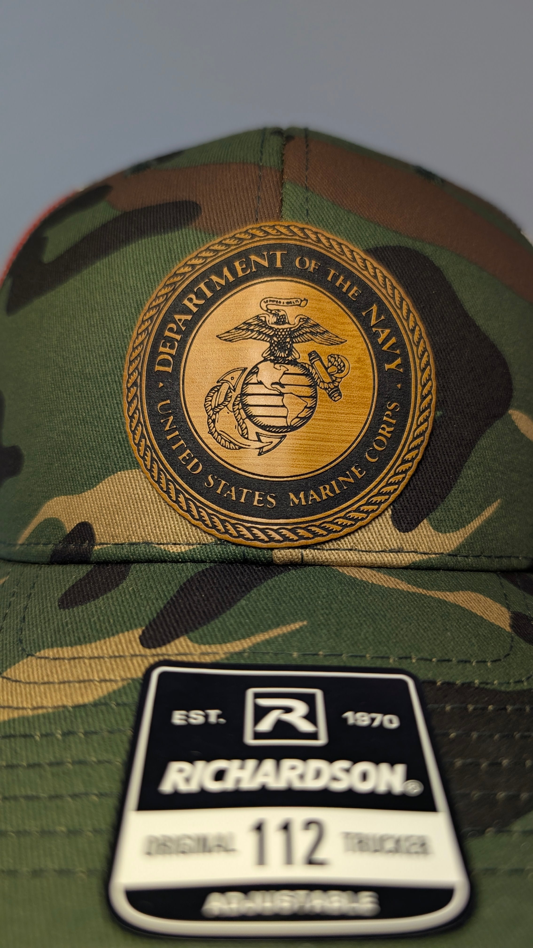 USMC Marine Corps Leather Patch Richardson 112 Hat  Woodland Camo Trucker Hat with American Flag Mesh  Veteran Style Cap