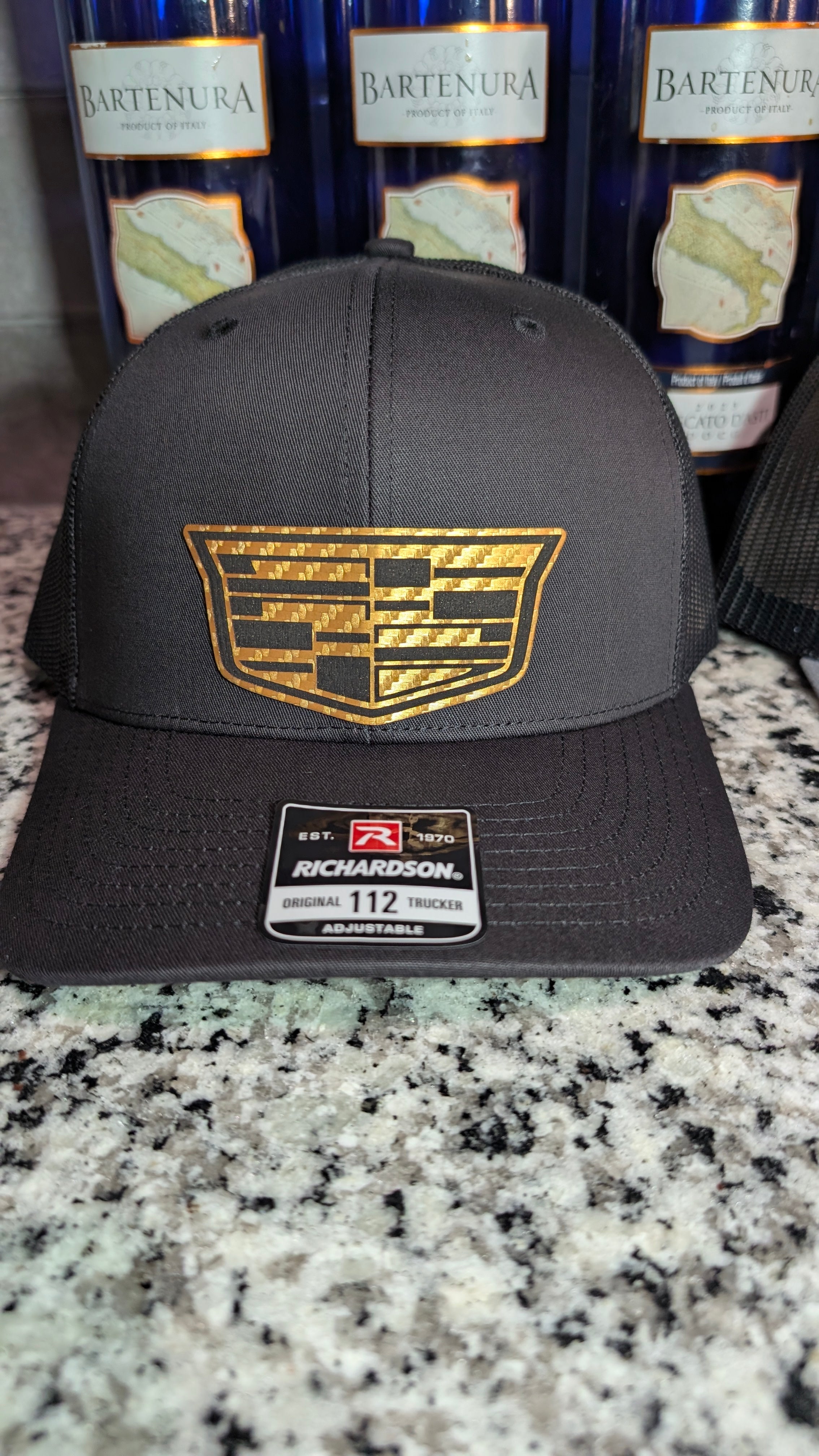 Cadillac Formula 1 Inspired Laser Engraved Richardson 112 Hat | Black, Silver Carbon Fiber & Gold Carbon Fiber Leather Patch