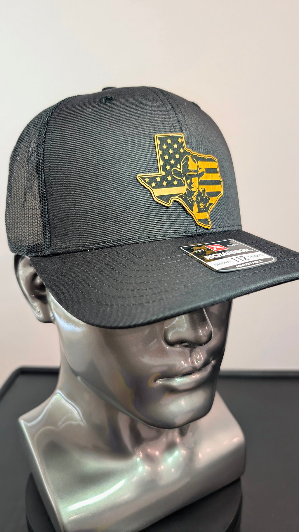 Texas Law Enforcement Richardson 112 Hat  Laser Engraved Leather Patch  Texas State Trooper Inspired Trucker Cap