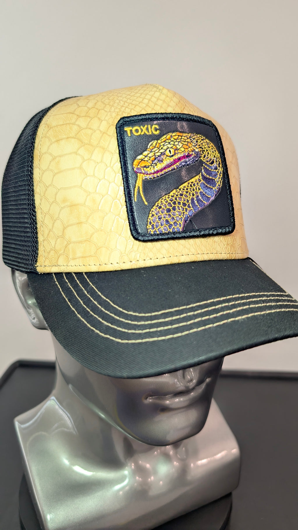 Toxic Snake Richardson 112 Hat  Premium Embroidered Patch Trucker Cap  Snakeskin Leatherette Style Hat  Funny Edgy Hat