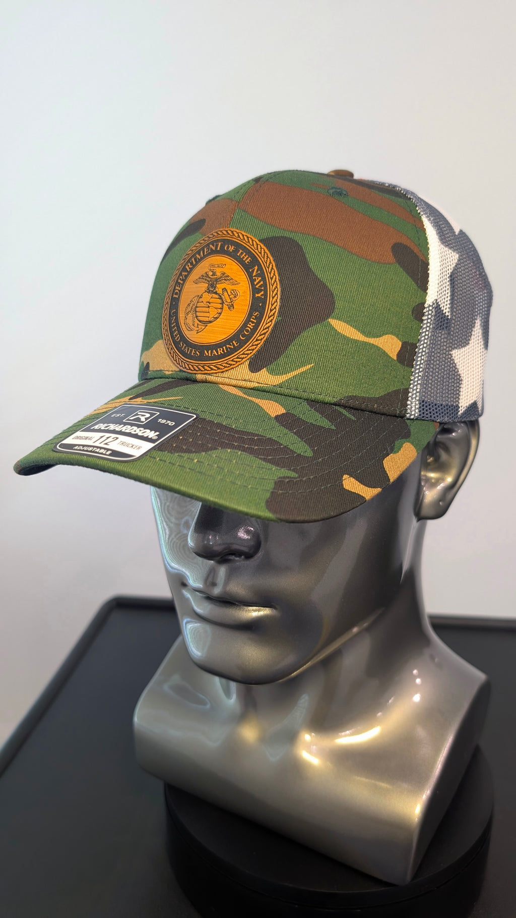 USMC Marine Corps Leather Patch Richardson 112 Hat  Woodland Camo Trucker Hat with American Flag Mesh  Veteran Style Cap
