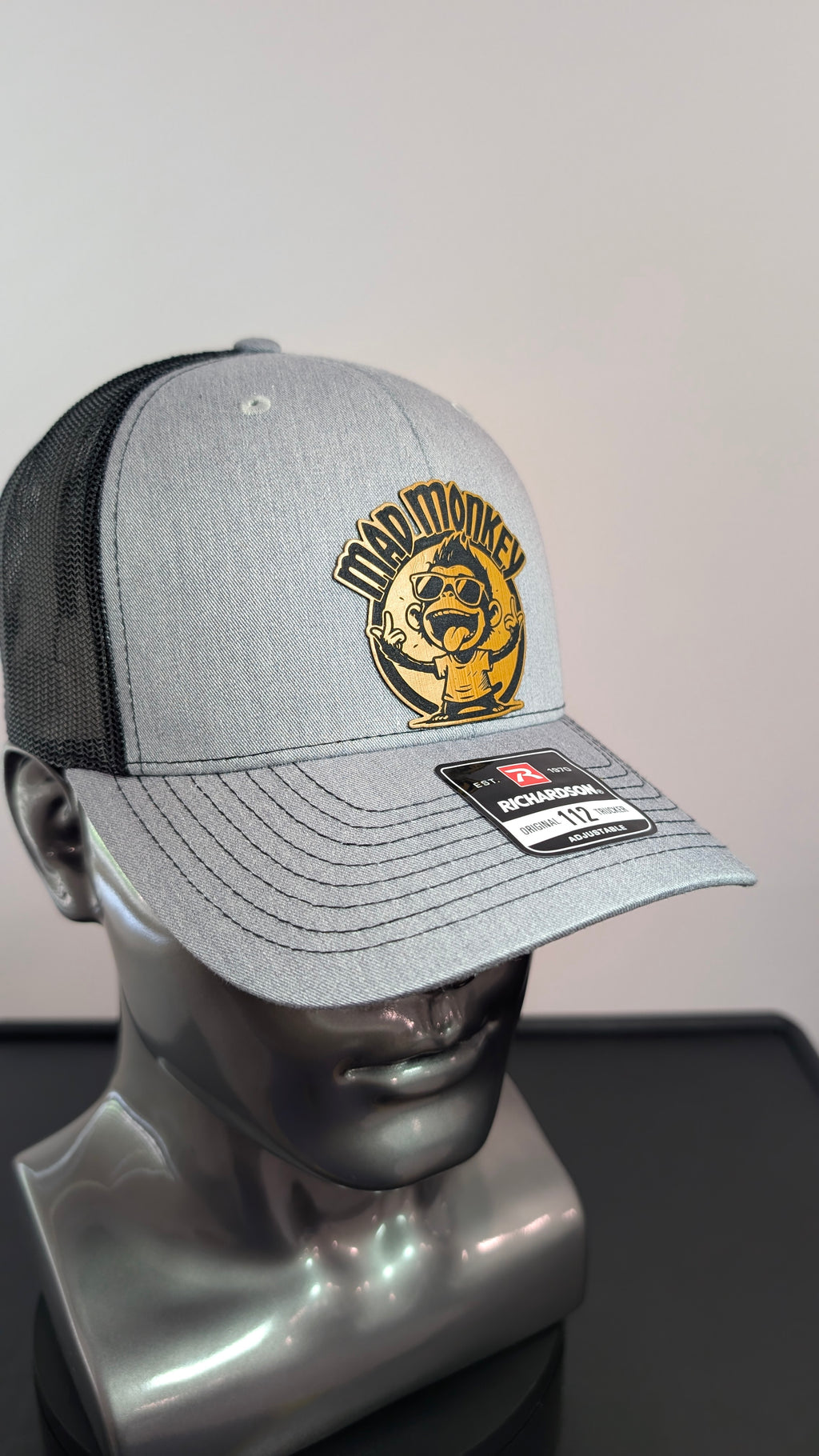 Funny Mad Monkey Richardson 112 Hat  Laser Engraved Leather Patch Trucker Cap  Sarcastic Monkey Hat