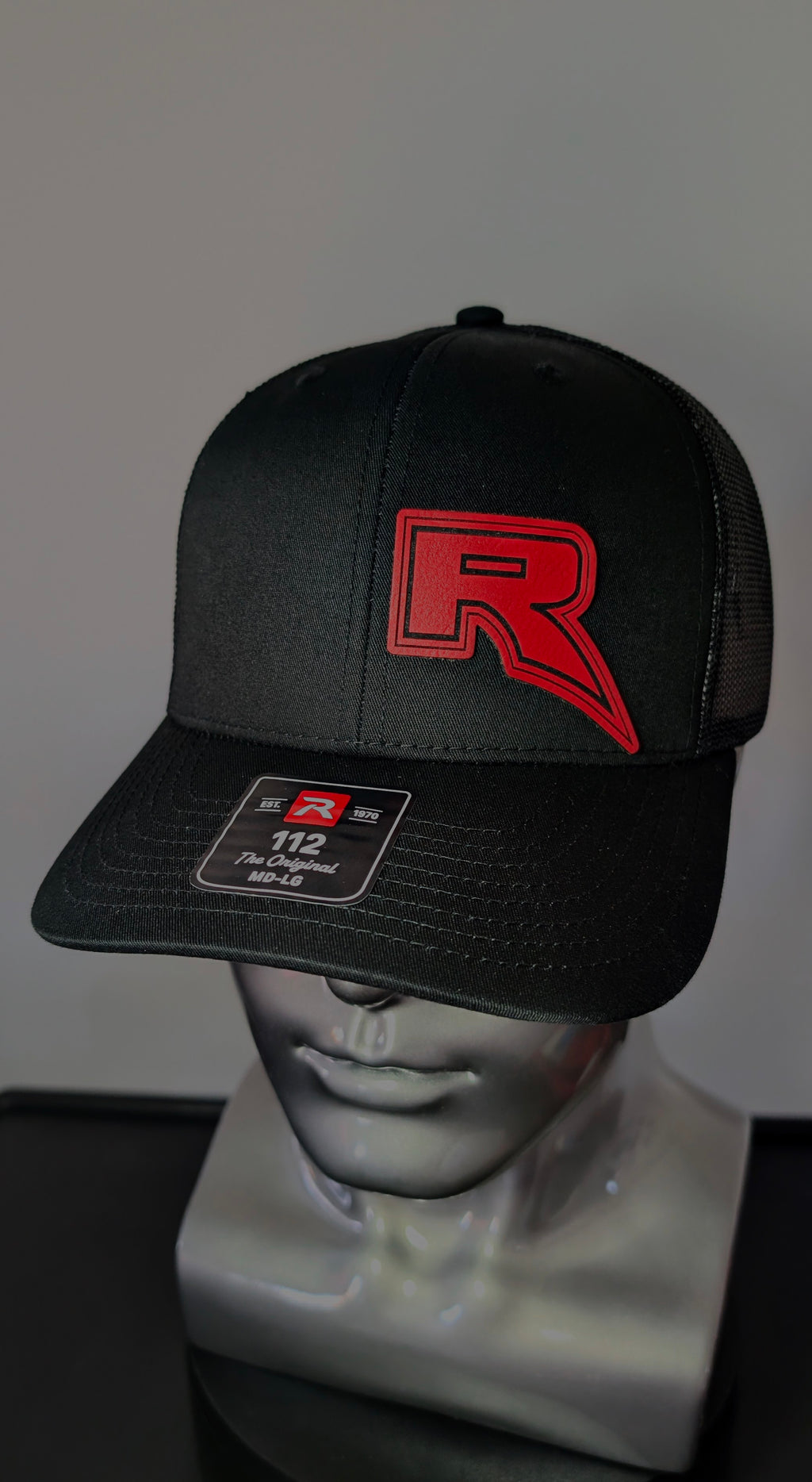Raptor R Inspired Red Leather Patch Hat – Laser Engraved Richardson 112 Trucker Hat