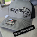 Hellcat Inspired Laser Engraved Richardson 112 Hat with Silver Carbon Fiber, Red Leather, and Gold Leather Accents." That should give all the details you need!