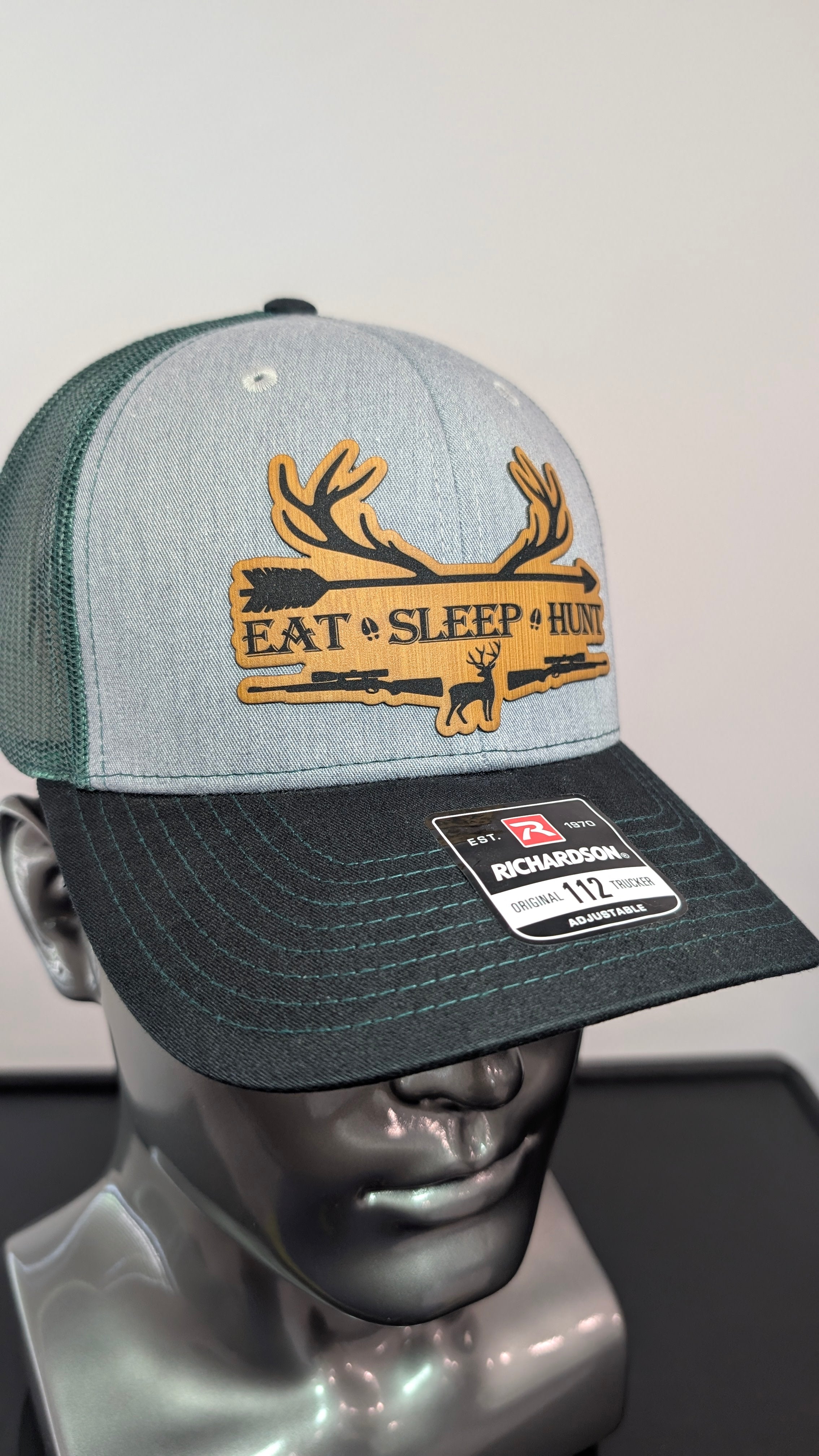 Hunting Richardson 112 Hat  “Eat Sleep Hunt” Leather Patch Trucker Cap  Deer Hunter Hat Outdoorsman Gift