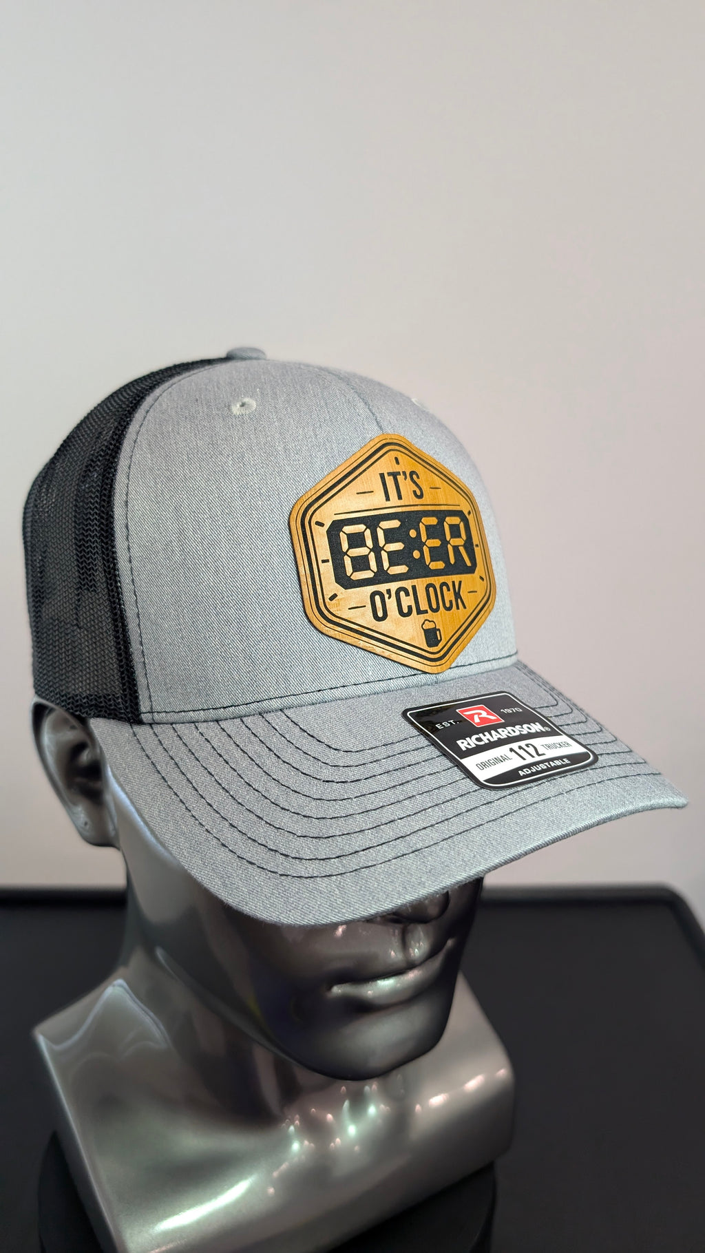 Funny Beer O’Clock Richardson 112 Hat Laser Engraved Leather Patch Trucker Cap  Funny Drinking Hat