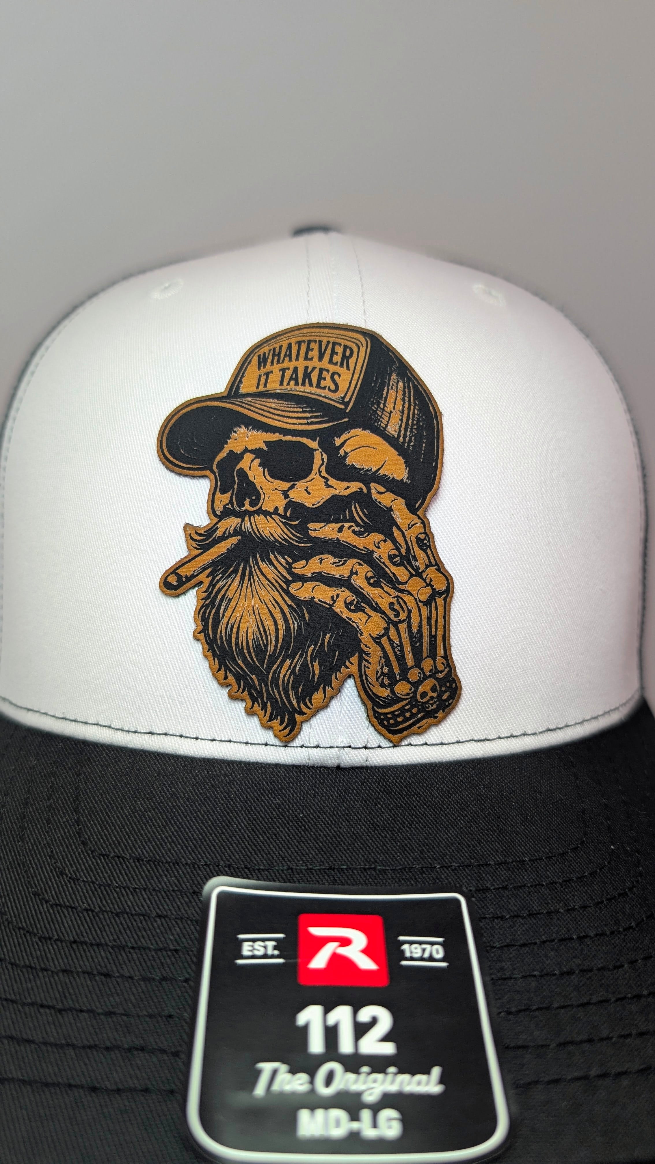 Whatever It Takes Skull Tatted Hat Richardson 112 Laser Engraved Leather Patch Trucker Cap Veteran Owned Custom Hat