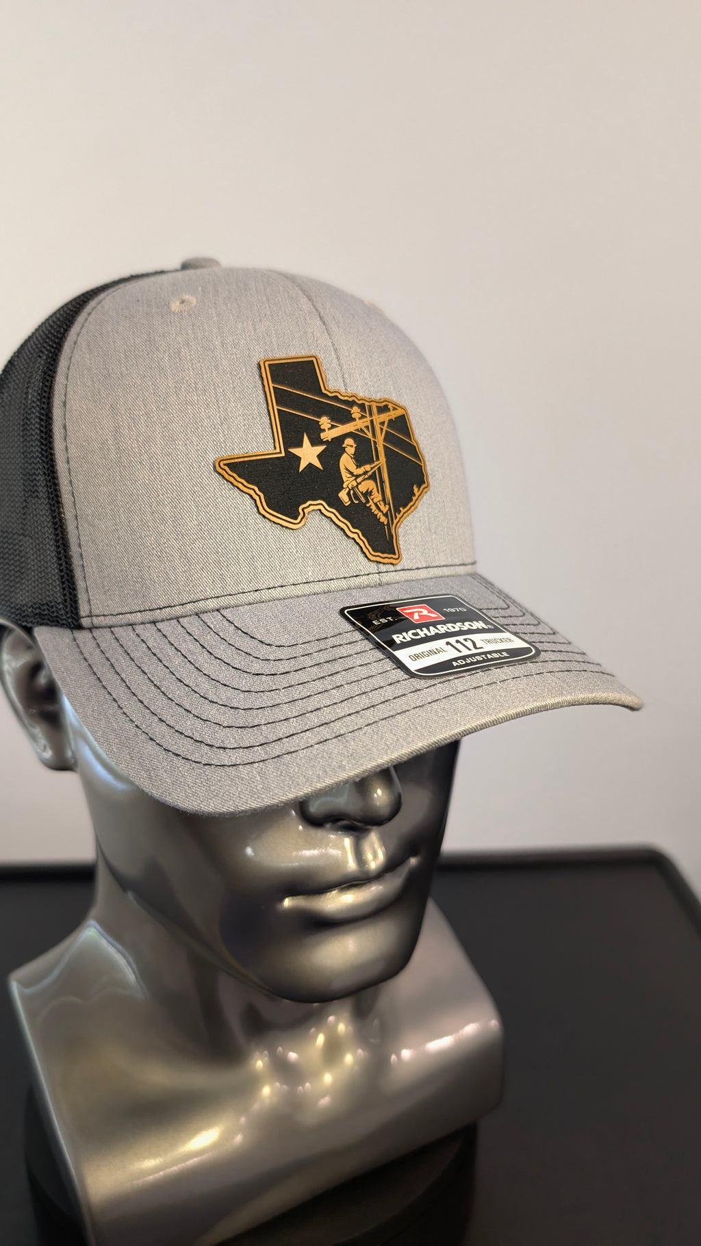 Texas Lineman Richardson 112 Hat  Laser Engraved Leather Patch  Blue Collar Electrician Trucker Cap  Utility Worker Hat