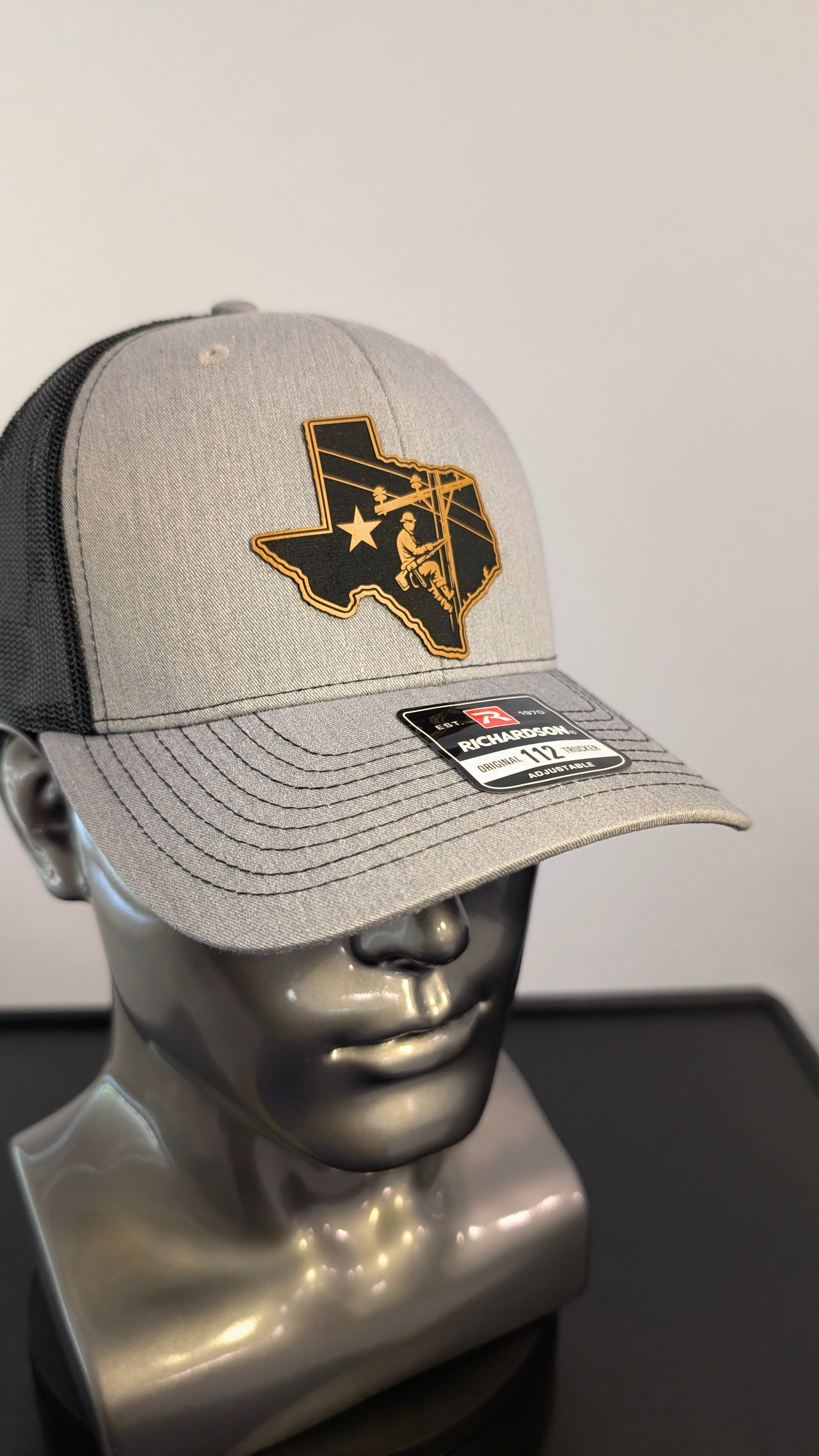 Texas Lineman Richardson 112 Hat  Laser Engraved Leather Patch  Blue Collar Electrician Trucker Cap  Utility Worker Hat