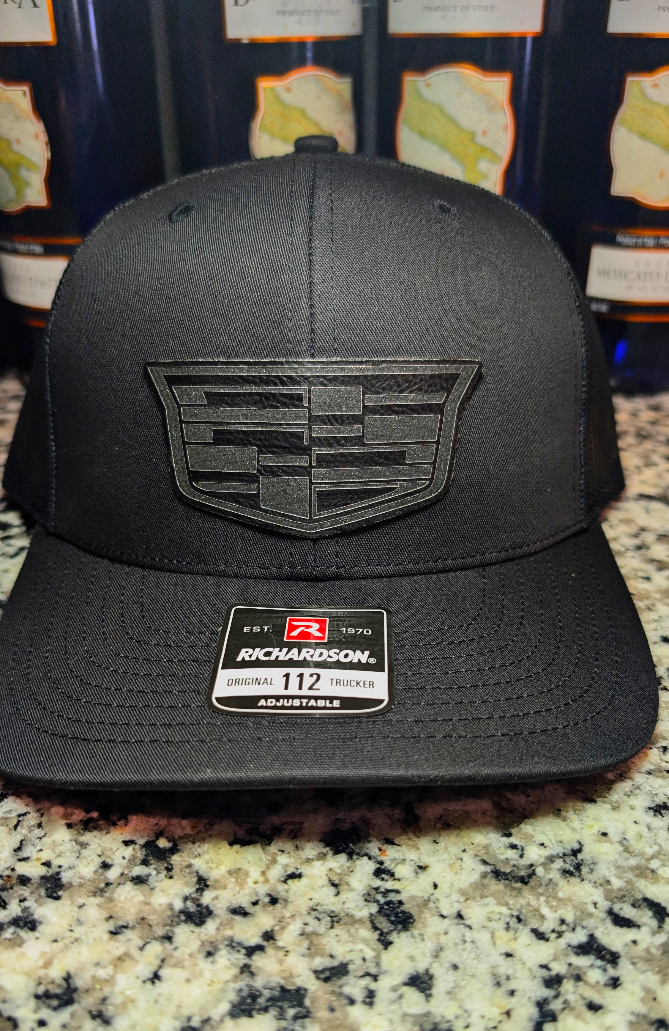 Cadillac Formula 1 Inspired Laser Engraved Richardson 112 Hat | Black, Silver Carbon Fiber & Gold Carbon Fiber Leather Patch