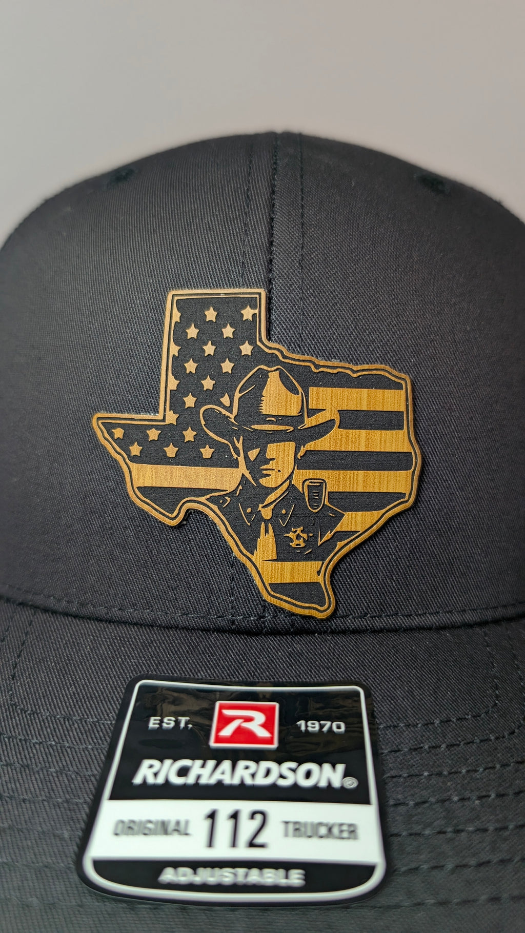 Texas Law Enforcement Richardson 112 Hat  Laser Engraved Leather Patch  Texas State Trooper Inspired Trucker Cap