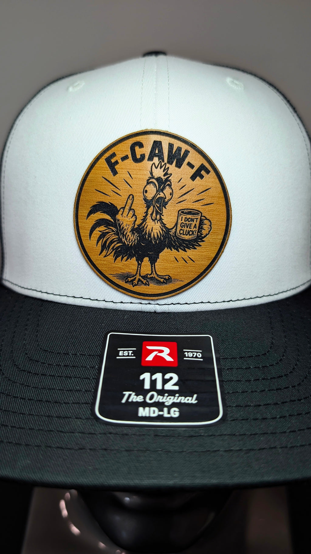 F-CAW-F Funny Chicken Leather Patch Richardson 112 Trucker Hat | I Don't Give a Cluck
