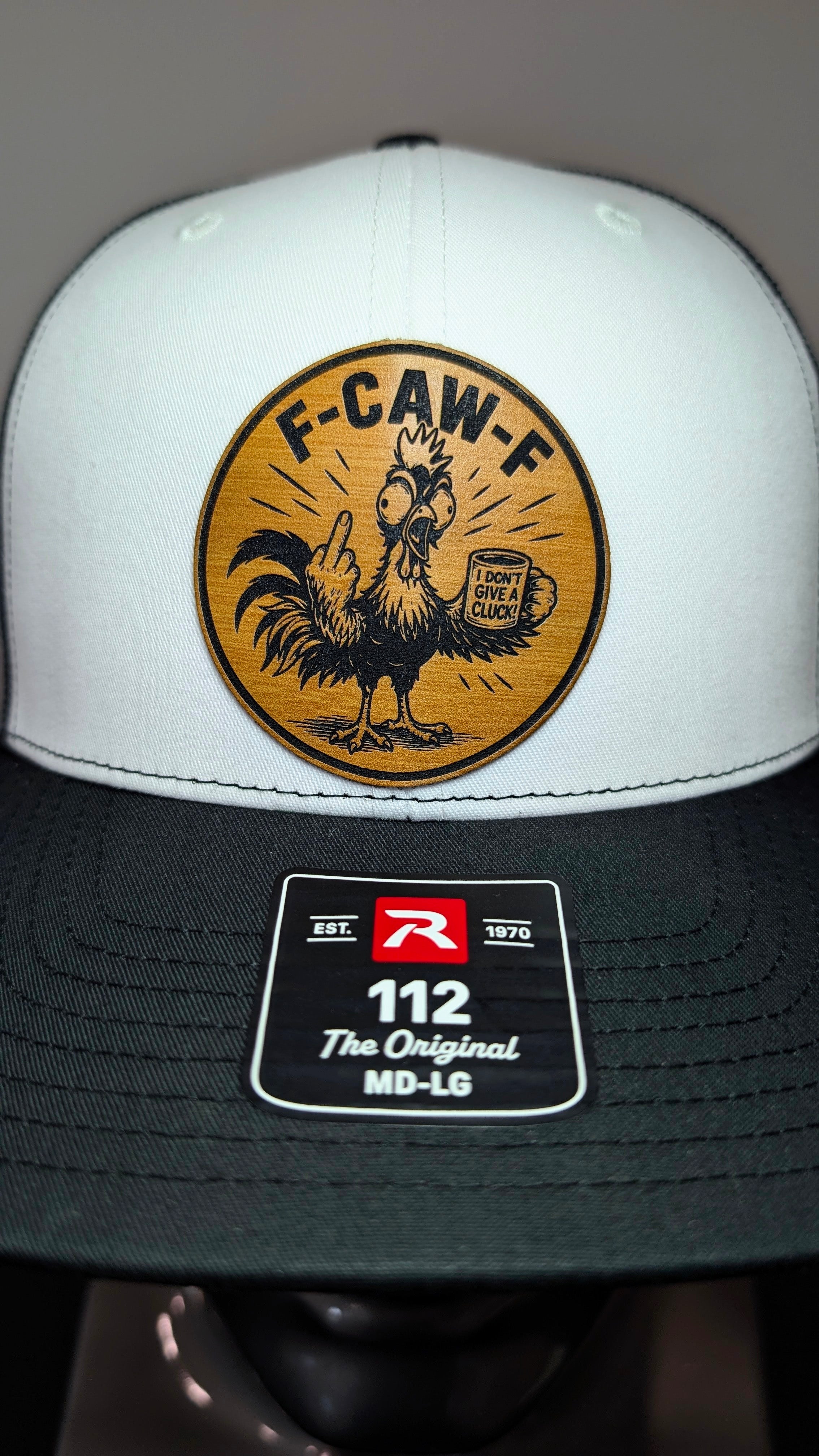 F-CAW-F Funny Chicken Leather Patch Richardson 112 Trucker Hat | I Don't Give a Cluck