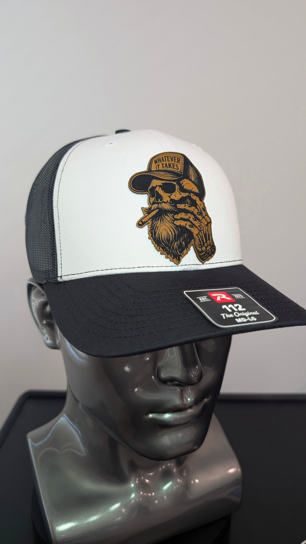 Whatever It Takes Skull Tatted Hat Richardson 112 Laser Engraved Leather Patch Trucker Cap Veteran Owned Custom Hat