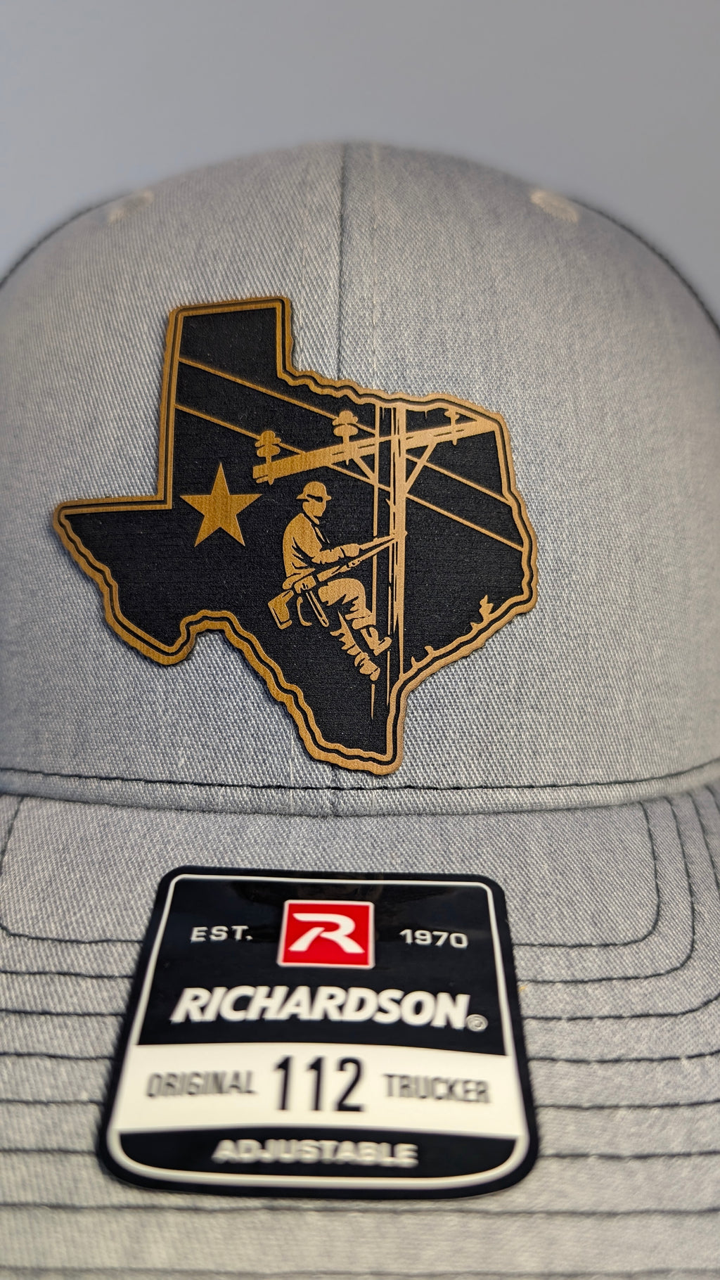 Texas Lineman Richardson 112 Hat  Laser Engraved Leather Patch  Blue Collar Electrician Trucker Cap  Utility Worker Hat