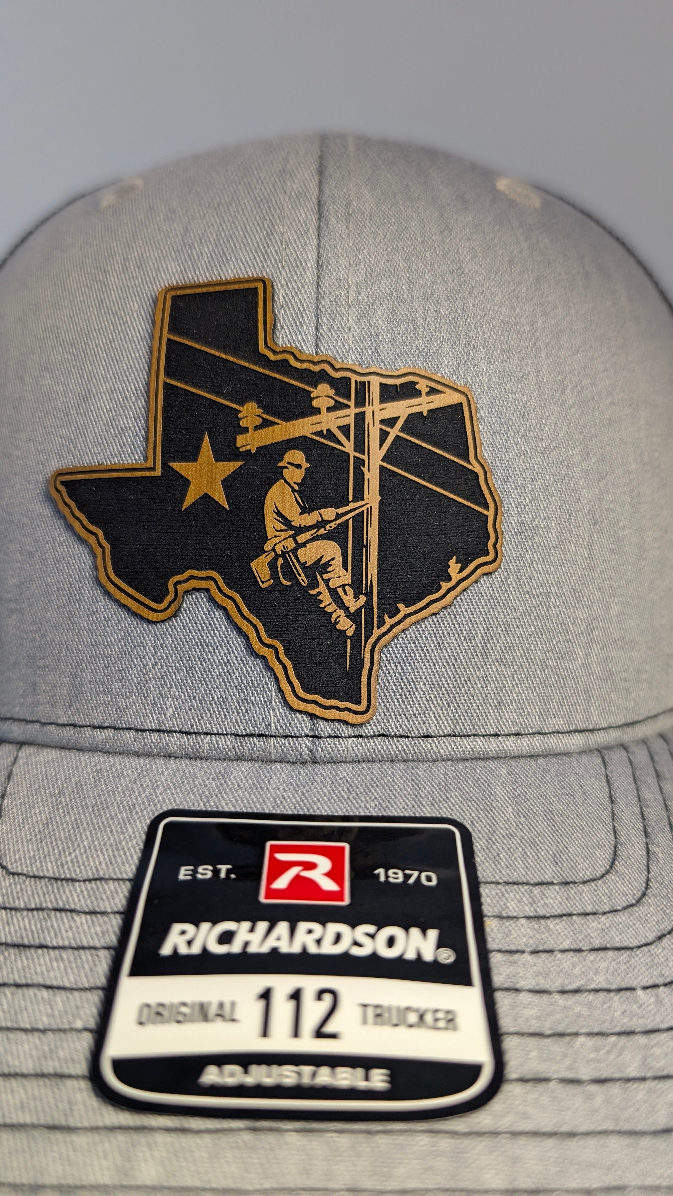 Texas Lineman Richardson 112 Hat  Laser Engraved Leather Patch  Blue Collar Electrician Trucker Cap  Utility Worker Hat