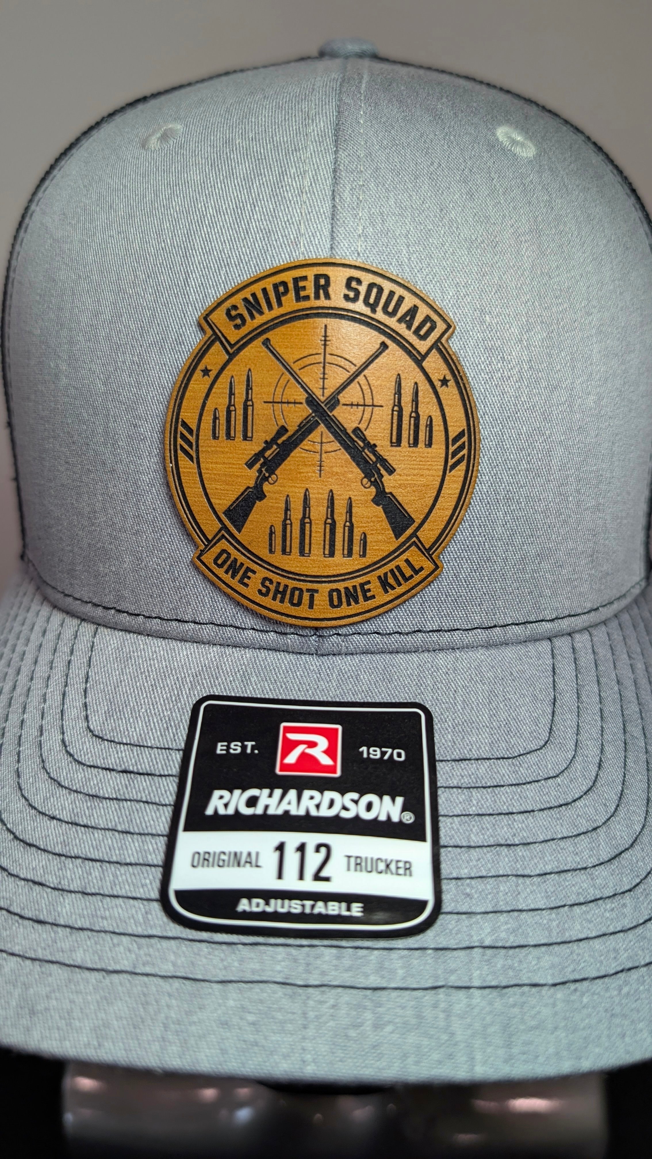 Sniper Squad One Shot One Kill Leather Patch Richardson 112 Trucker Hat | Tactical Military Hat