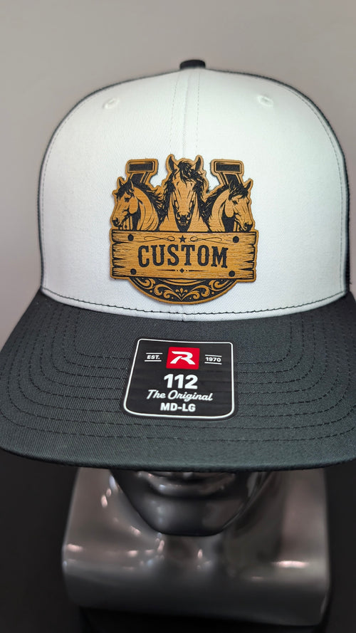 Custom Horse Leather Patch Richardson 112 Trucker Hat | Personalized Western Cowboy Hat
