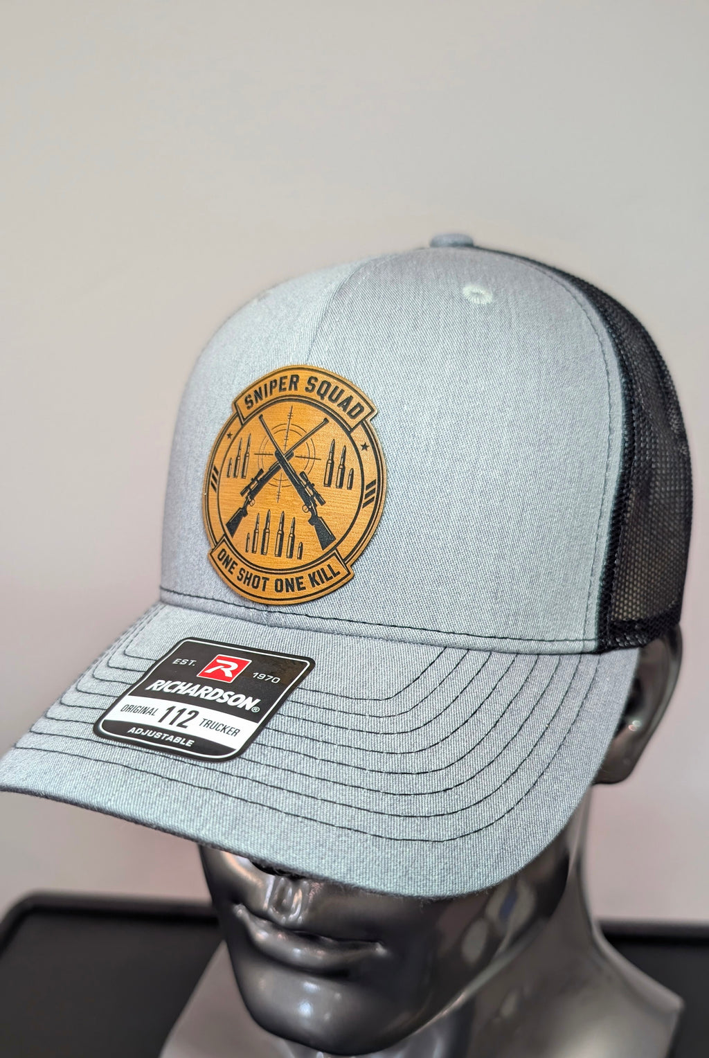 Sniper Squad One Shot One Kill Leather Patch Richardson 112 Trucker Hat | Tactical Military Hat