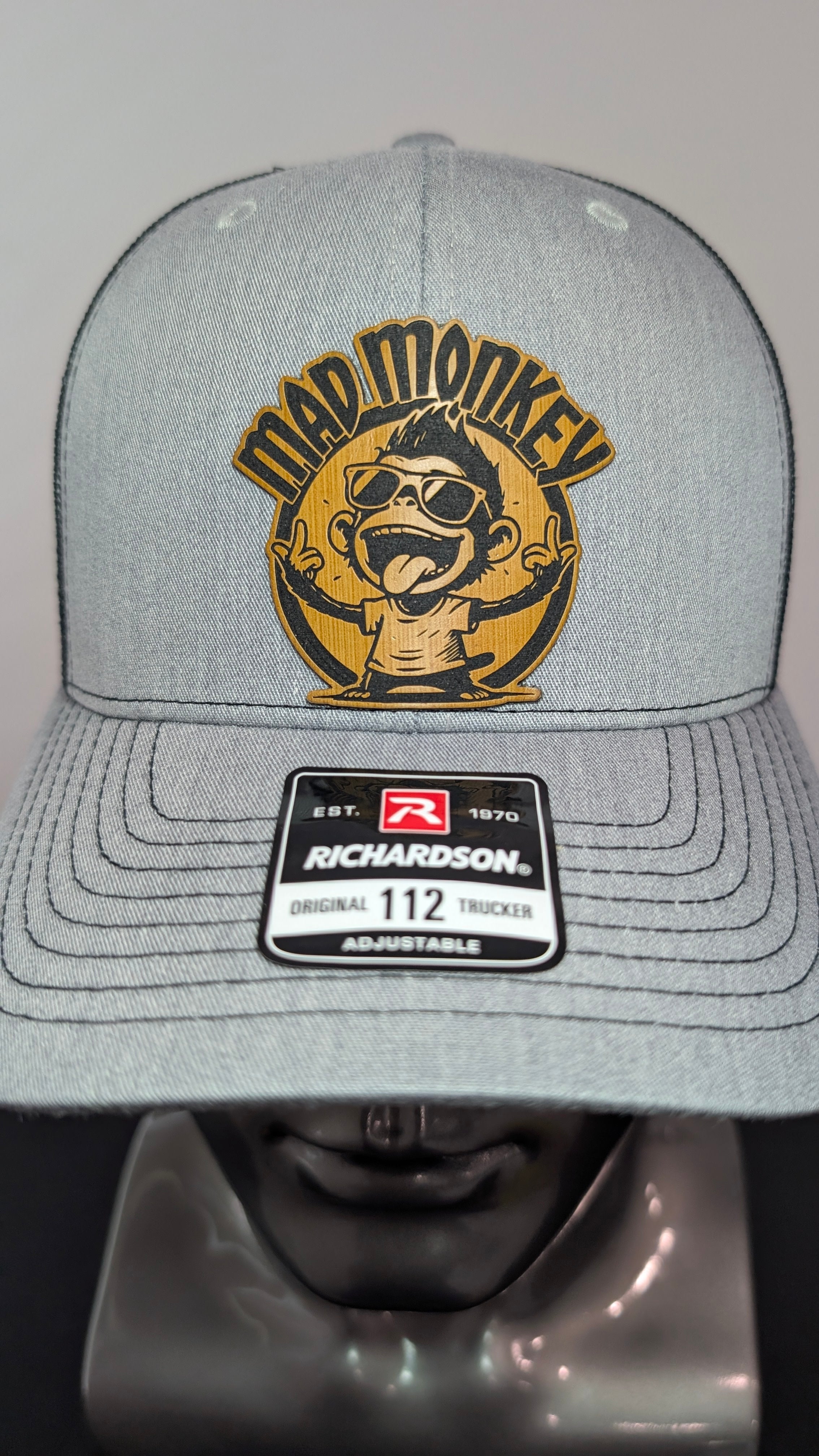 Funny Mad Monkey Richardson 112 Hat  Laser Engraved Leather Patch Trucker Cap  Sarcastic Monkey Hat