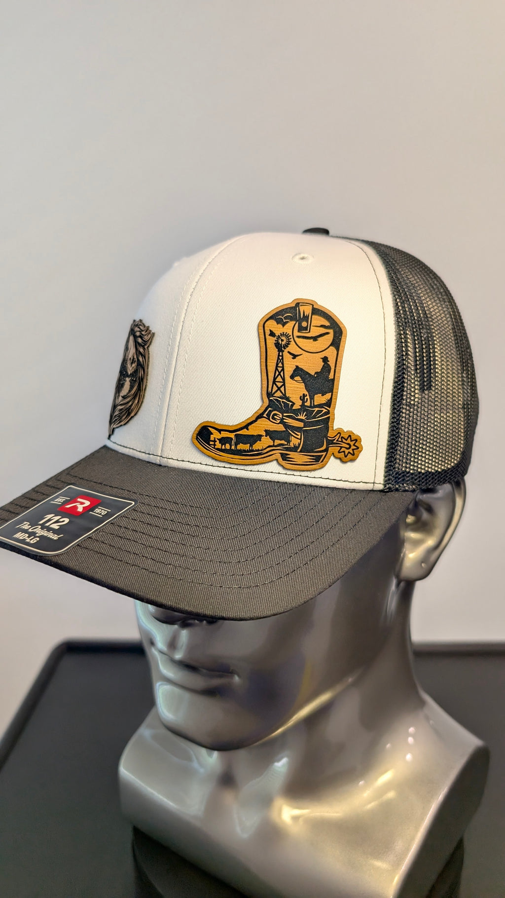Western Cowboy Richardson 112 Hat  Dual Leather Patch Trucker Cap  Horse & Cowboy Boot Laser Engraved Hat  Country Western Style