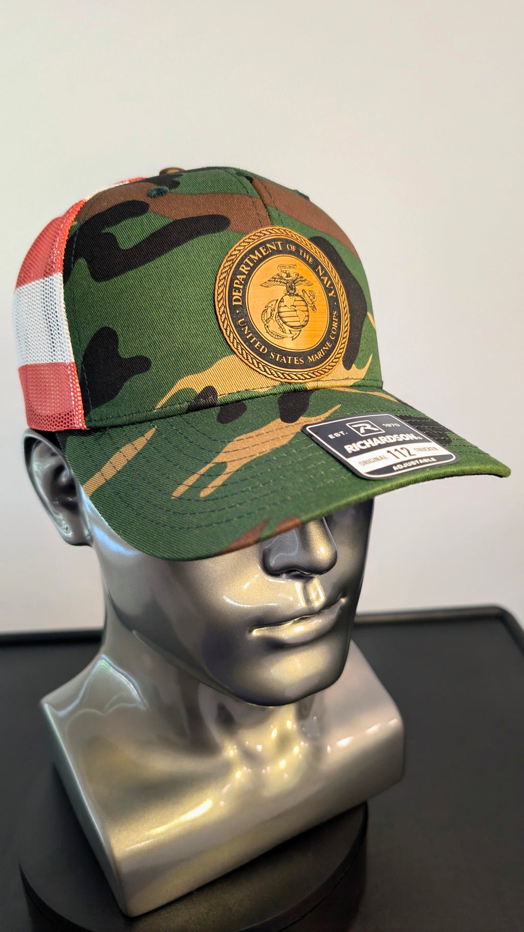 USMC Marine Corps Leather Patch Richardson 112 Hat  Woodland Camo Trucker Hat with American Flag Mesh  Veteran Style Cap