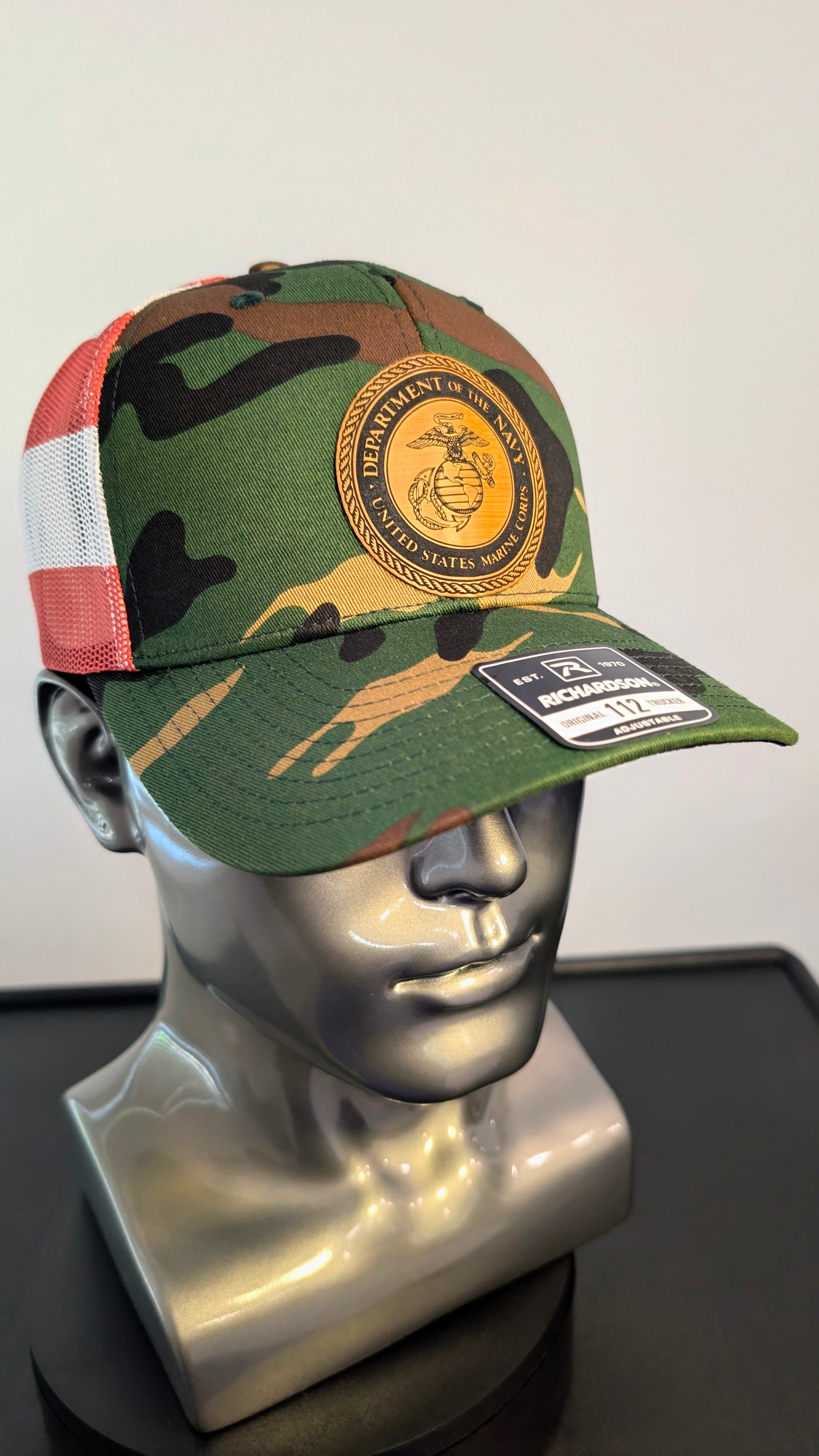 USMC Marine Corps Leather Patch Richardson 112 Hat  Woodland Camo Trucker Hat with American Flag Mesh  Veteran Style Cap